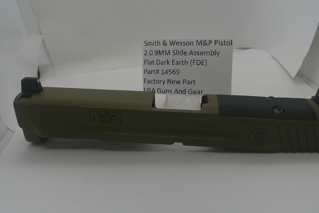 Smith & Wesson M&P 2.0 9mm slide assembly in flat dark earth (FDE) and black, shown on a white background with a product information card behind it.