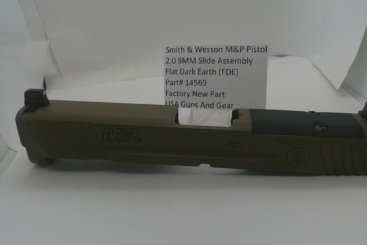 Smith & Wesson M&P 2.0 9mm slide assembly in flat dark earth (FDE) and black, shown on a white background with a product information card behind it.
