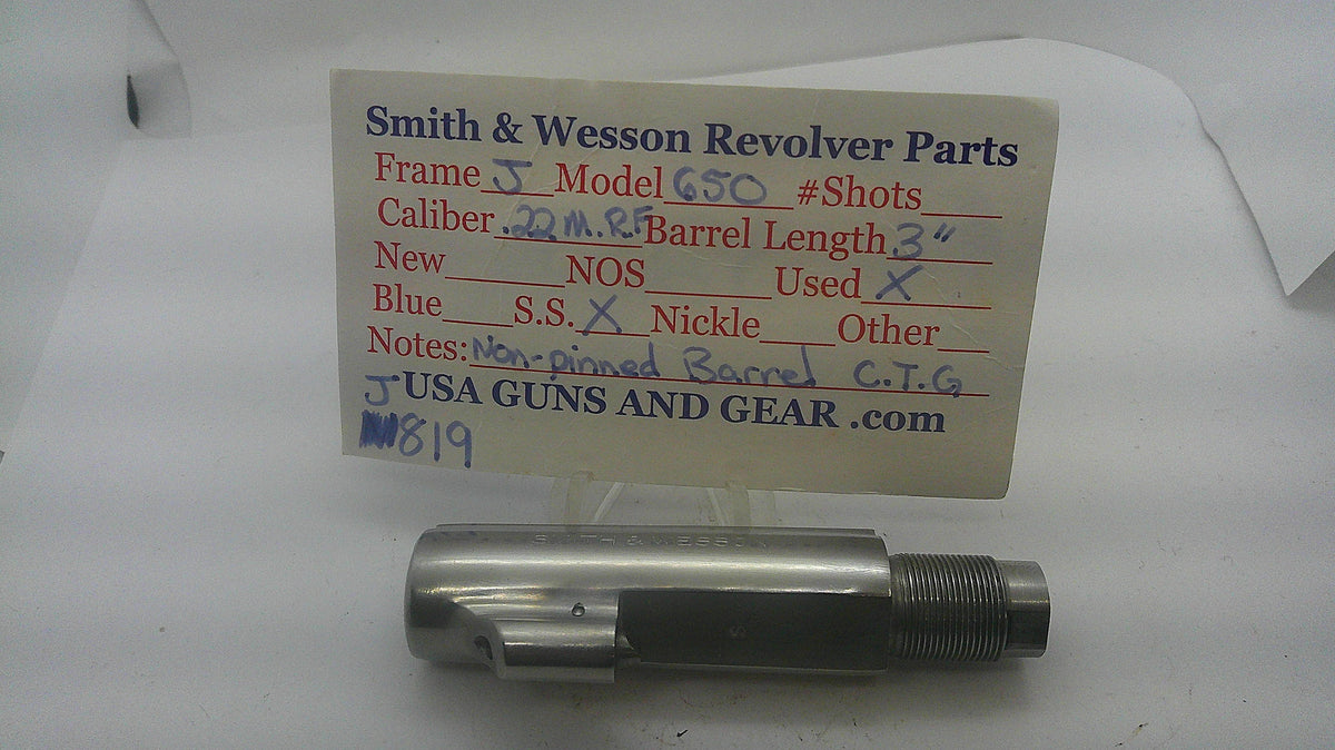 Smith & Wesson Smith & Wesson J Frame Model 650 3" Non Pinned Stainless Steel Barrel J819 Part J819