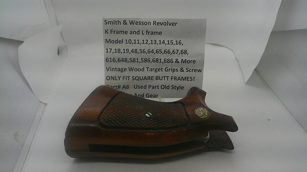 Smith & Wesson K/L Frame Square Butt Wood Target Grips, inventory reference A8, with identification card