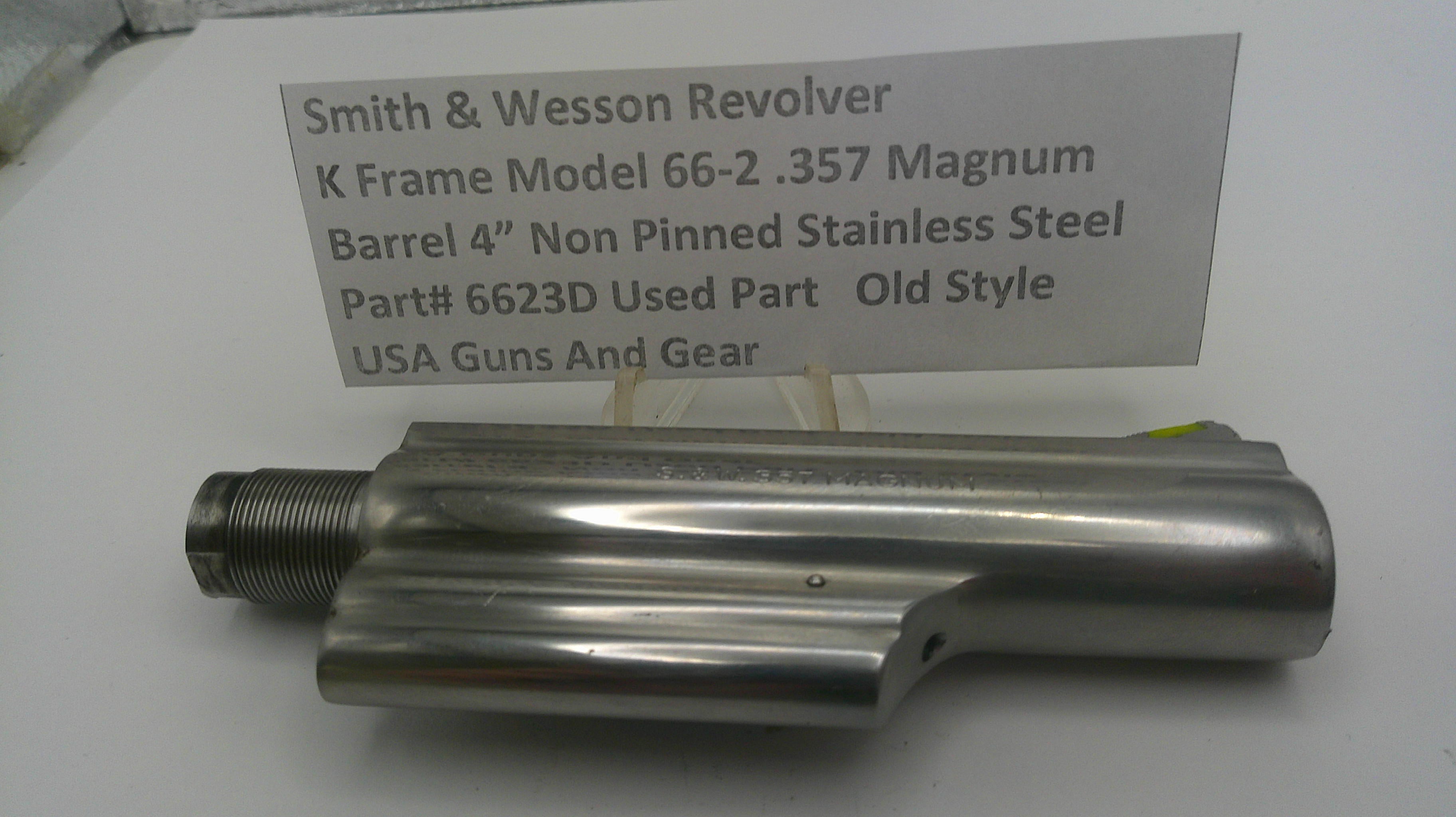 Smith & Wesson revolver barrel with descriptive label on a white background