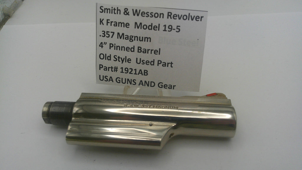 Smith & Wesson revolver barrel on a white background with a label.