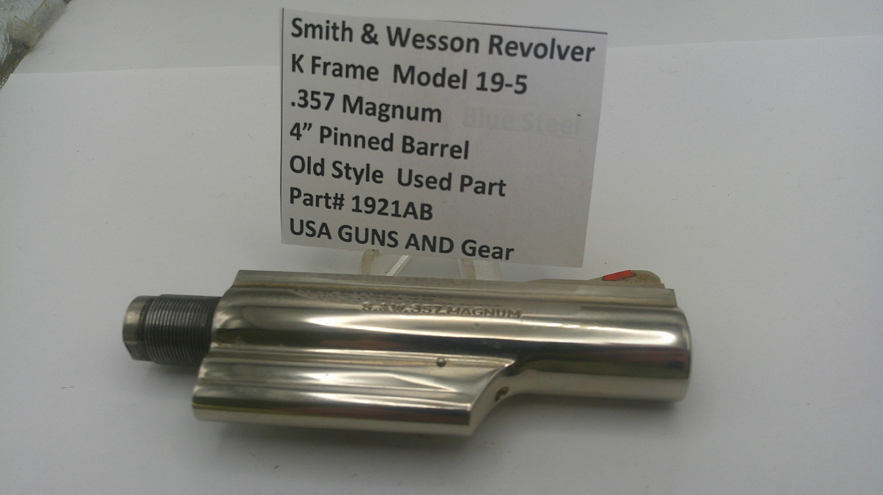 Smith & Wesson revolver barrel on a white background with a label.