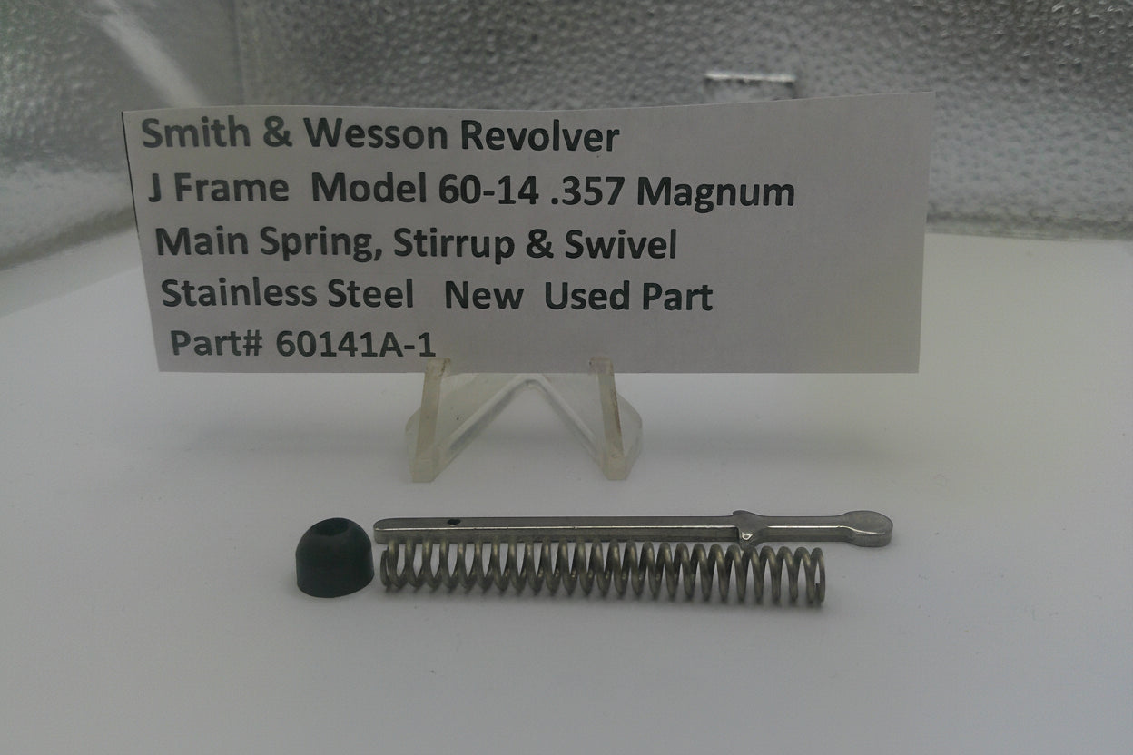 Smith & Wesson revolver main spring, stirrup, and swivel on a white surface with a label.