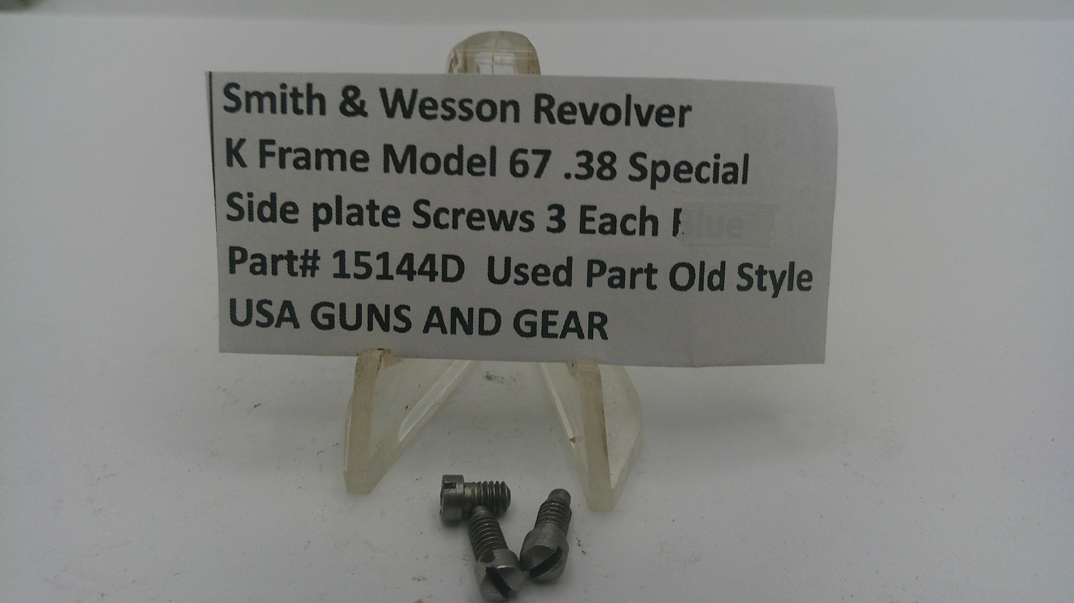 Smith & Wesson revolver K Frame Model 67 .38 Special side plate screws with a label on a white background.