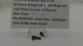 Three small dark steel screws displayed on a clear plastic stand in front of a white sign that reads 'Smith & Wesson Revolver N Frame Model 29-2 .44 Magnum Side Plate Screws (3 Pieces) Blue Steel Part#292160 Used Part Old Style USA GUNS AND GEAR'.
