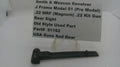 A black metal Smith & Wesson revolver rear sight part displayed on a clear stand in front of a white paper label card with printed specifications.