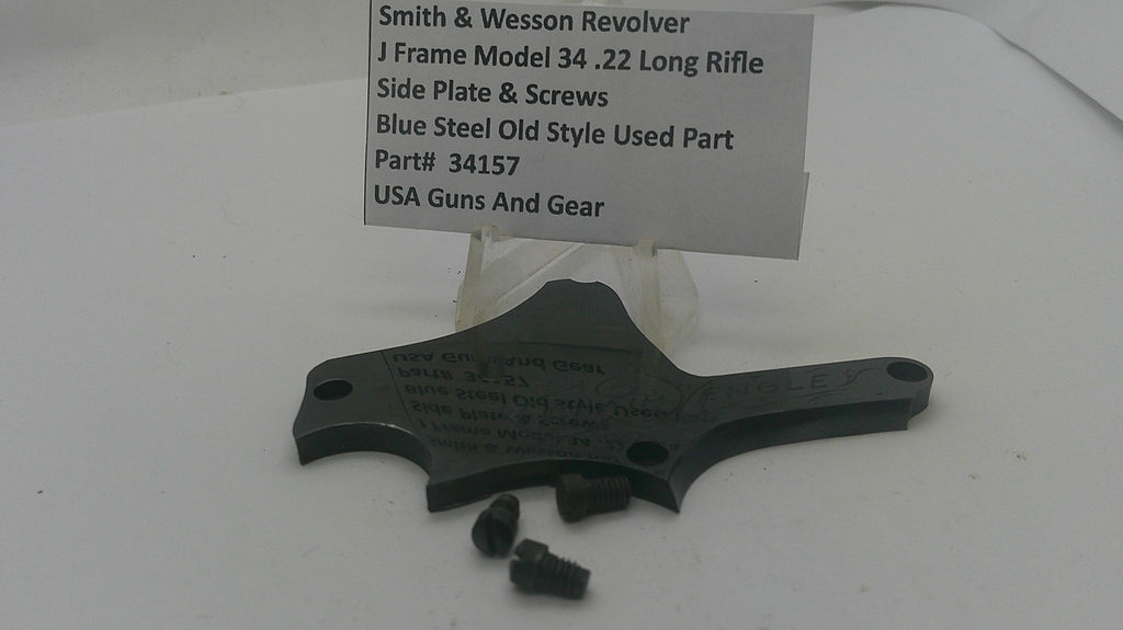 A black steel J-frame side plate and screws for a Smith & Wesson revolver, displayed on a white surface with a white product information card behind it.