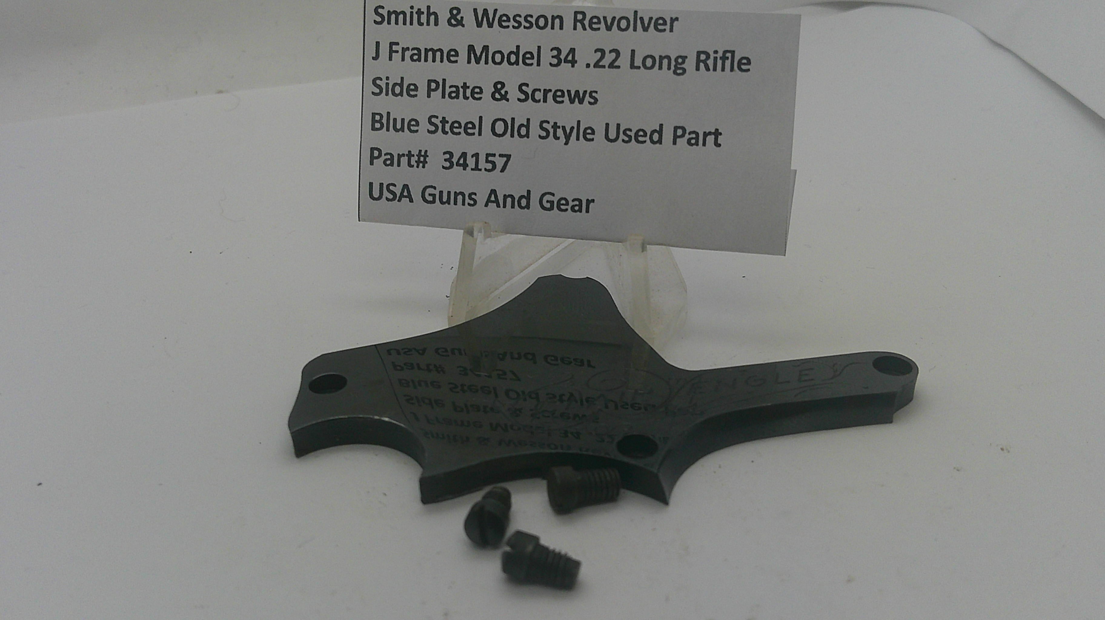 A black steel J-frame side plate and screws for a Smith & Wesson revolver, displayed on a white surface with a white product information card behind it.