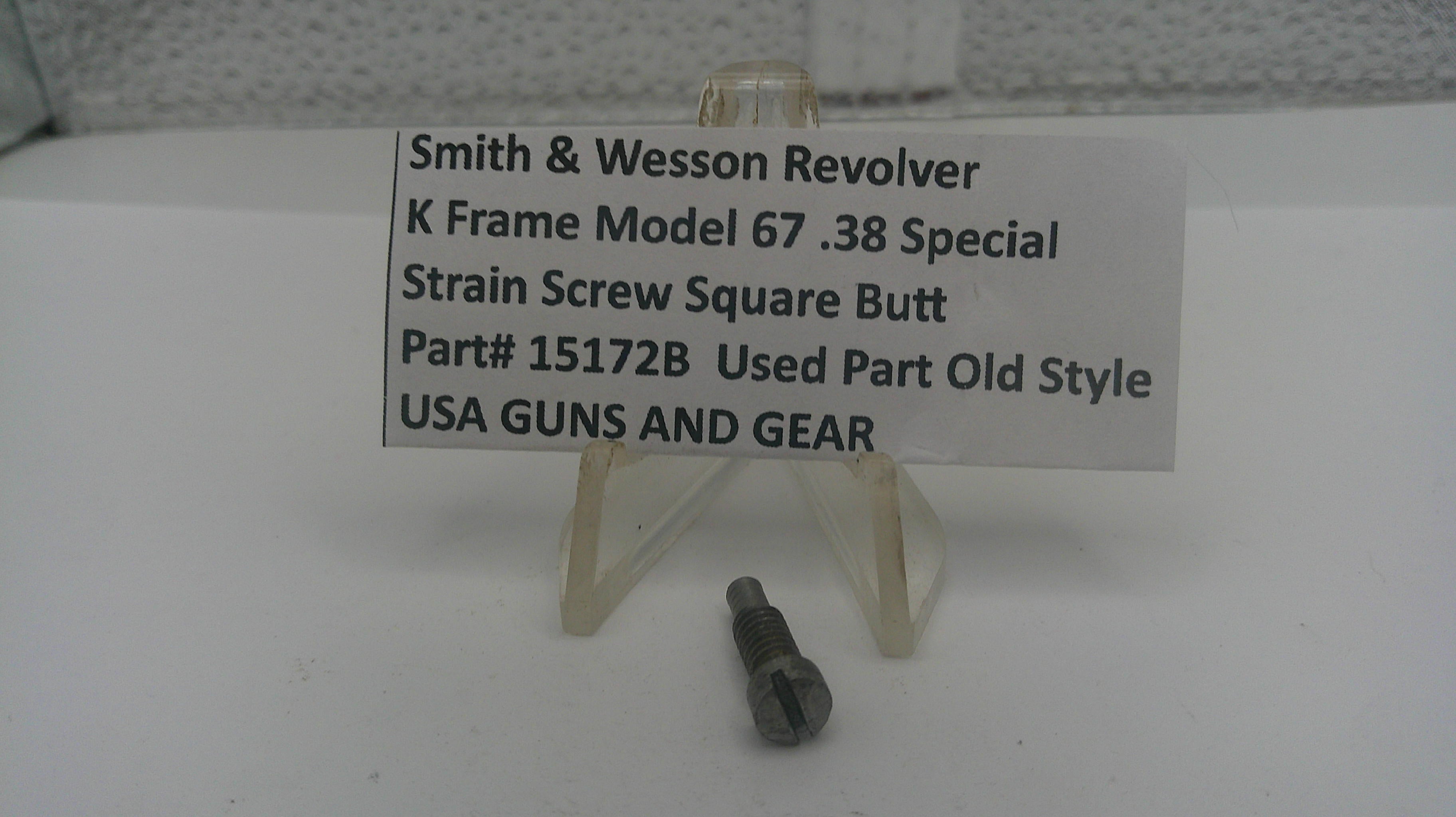 Strain screw with a sign describing Smith & Wesson Revolver details on a white background