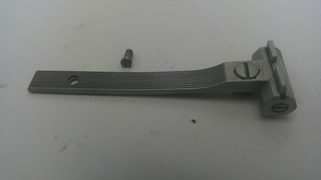 A metal hinge or bracket component with a ribbed flat arm and mounting bracket, shown with a small matching screw on a plain light background.
