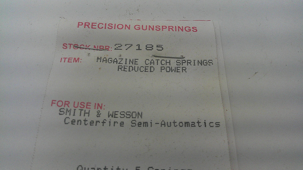 Wolff reduced power magazine catch springs for Smith & Wesson centerfire semi-automatics Part 27185, package label close-up