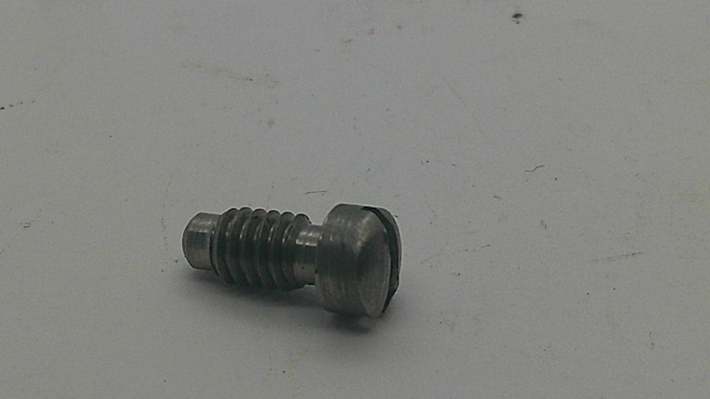 A small metallic threaded screw or fastener with a rounded head, lying on a plain light gray surface.