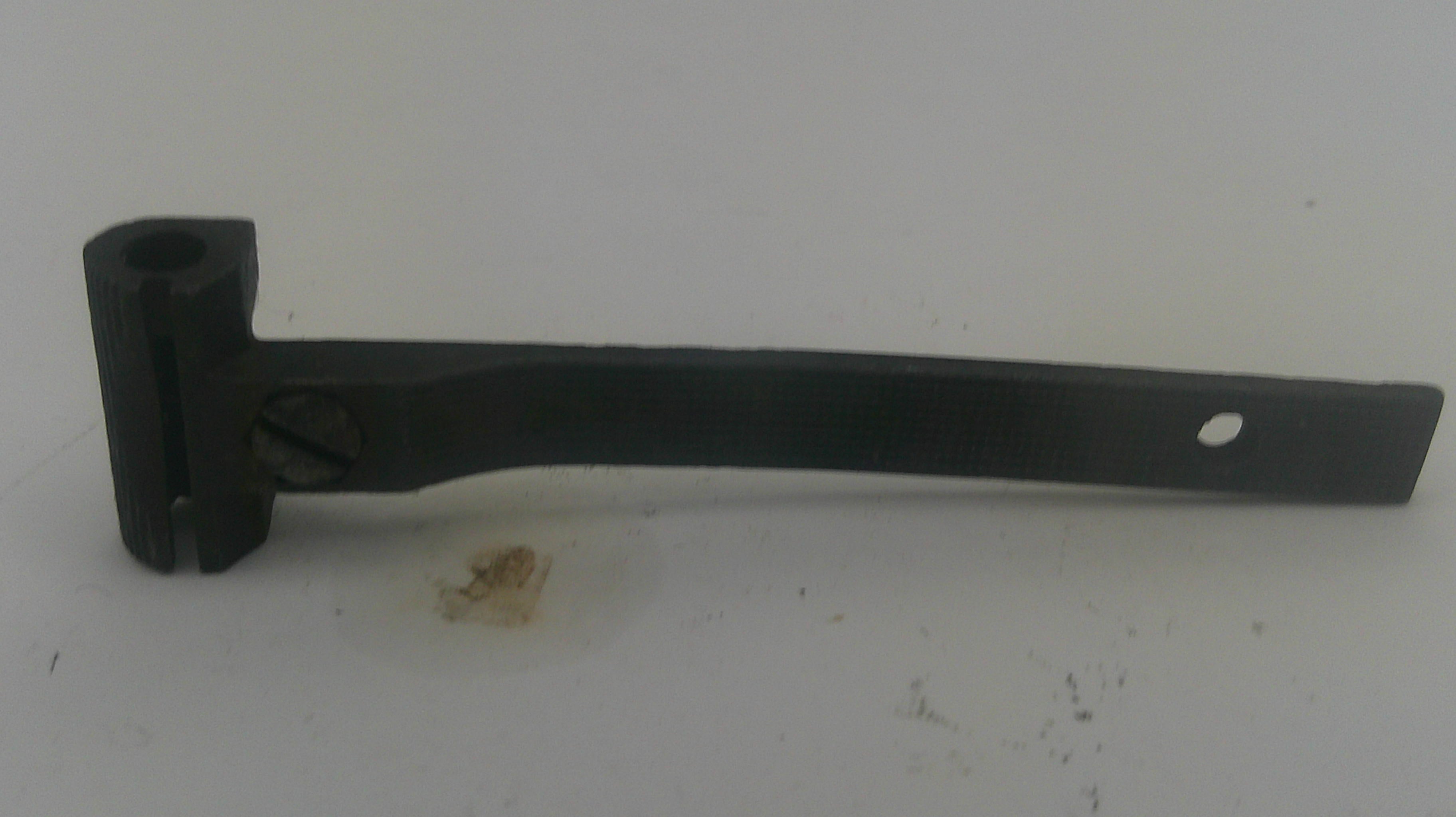 A black metal hinge or bracket with a rectangular mounting block and a long flat arm featuring a circular hole, shown on a plain light background.