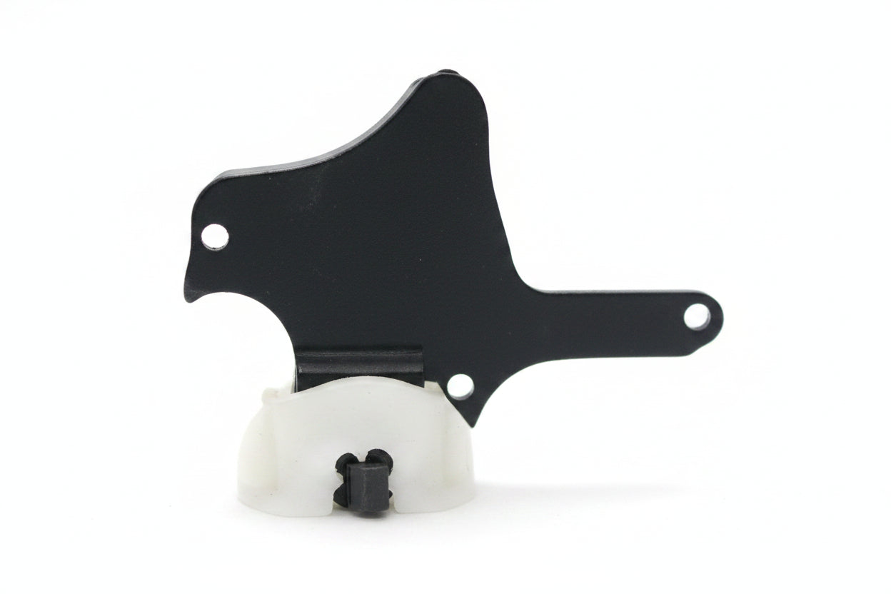 A black metal mounting bracket or hardware piece displayed on a white surface against a white background.