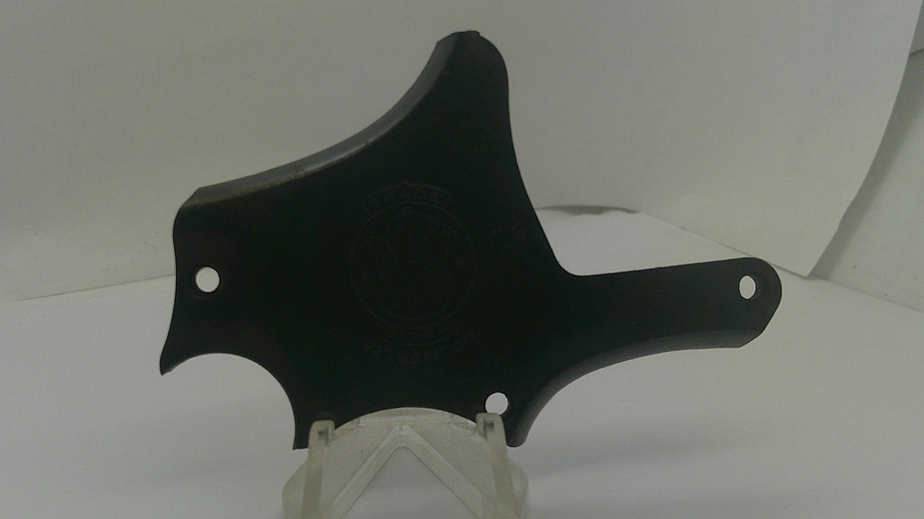 A black plastic mounting bracket or cover with pre-drilled holes, displayed on a clear plastic stand against a white background.