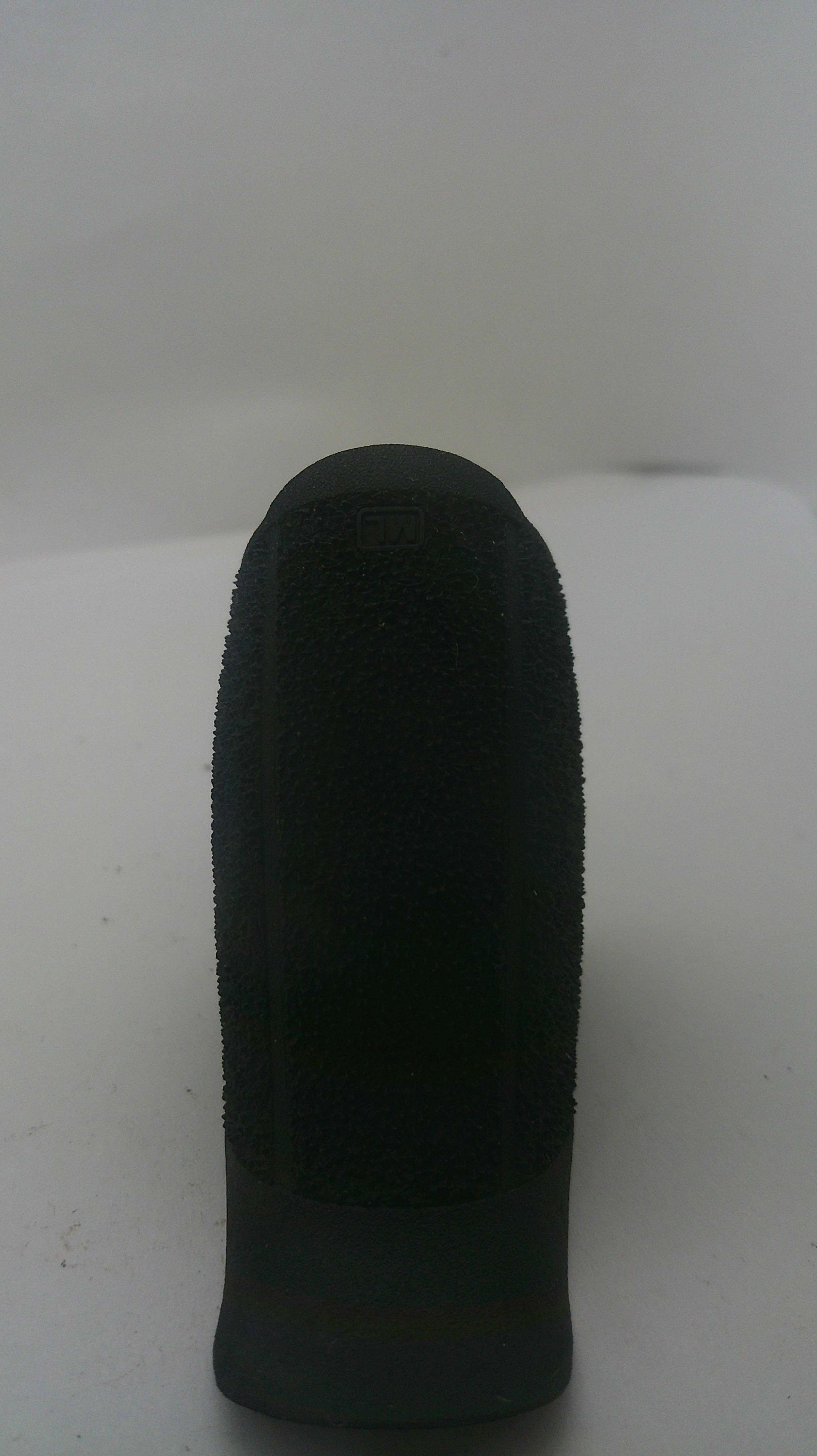 A black textured foam finger cover or protective sleeve, shown from a side profile view against a plain white background.