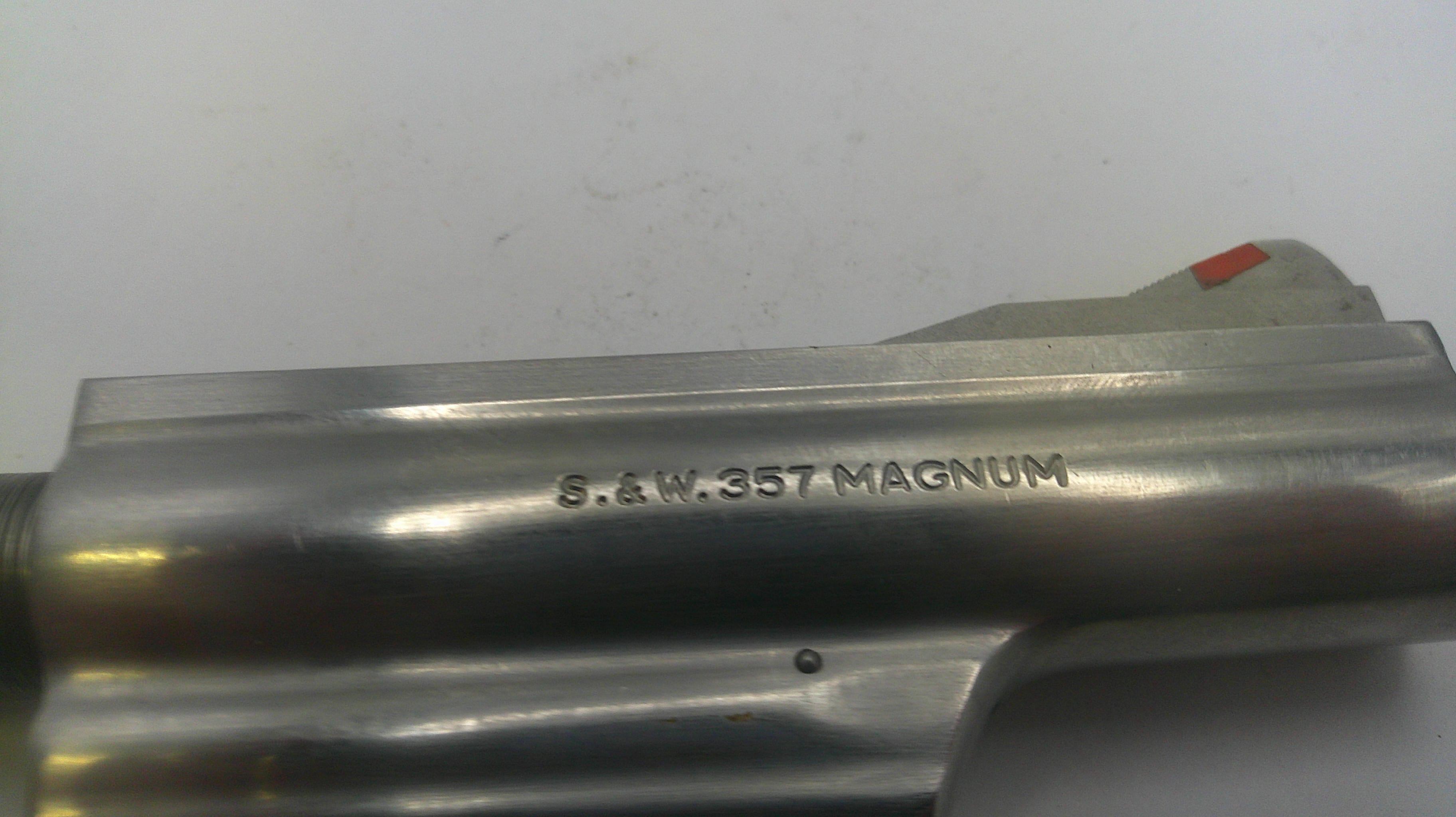 Metallic firearm barrel with 'S.A.W. 357 Magnum' engraving on a white background