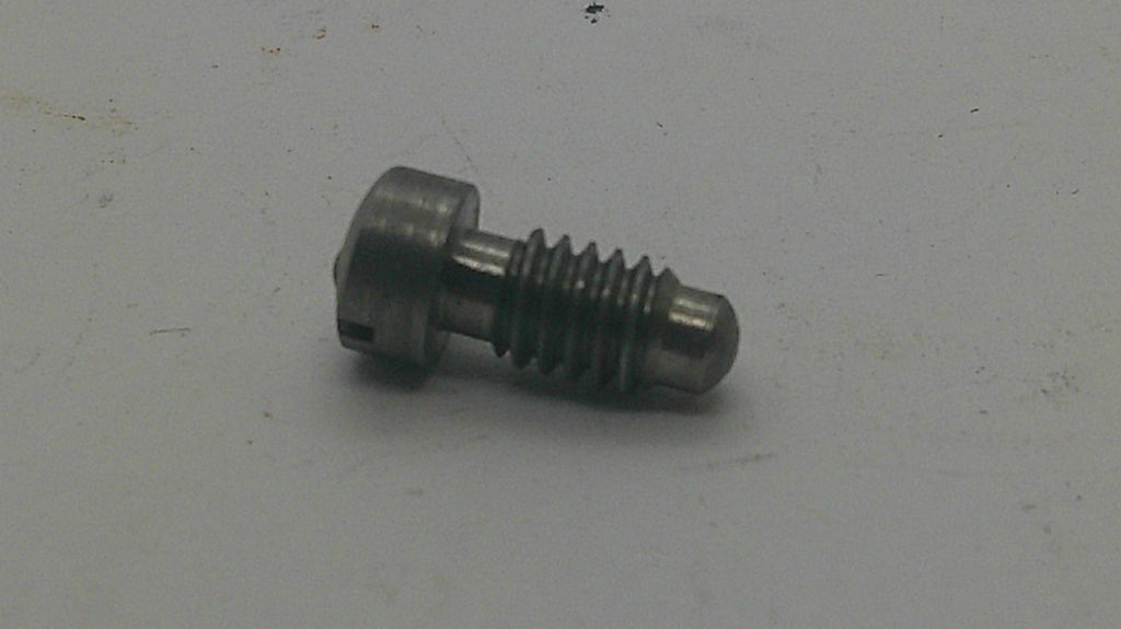 A small metallic threaded screw or pin with a rounded head, shown on a plain light gray surface.