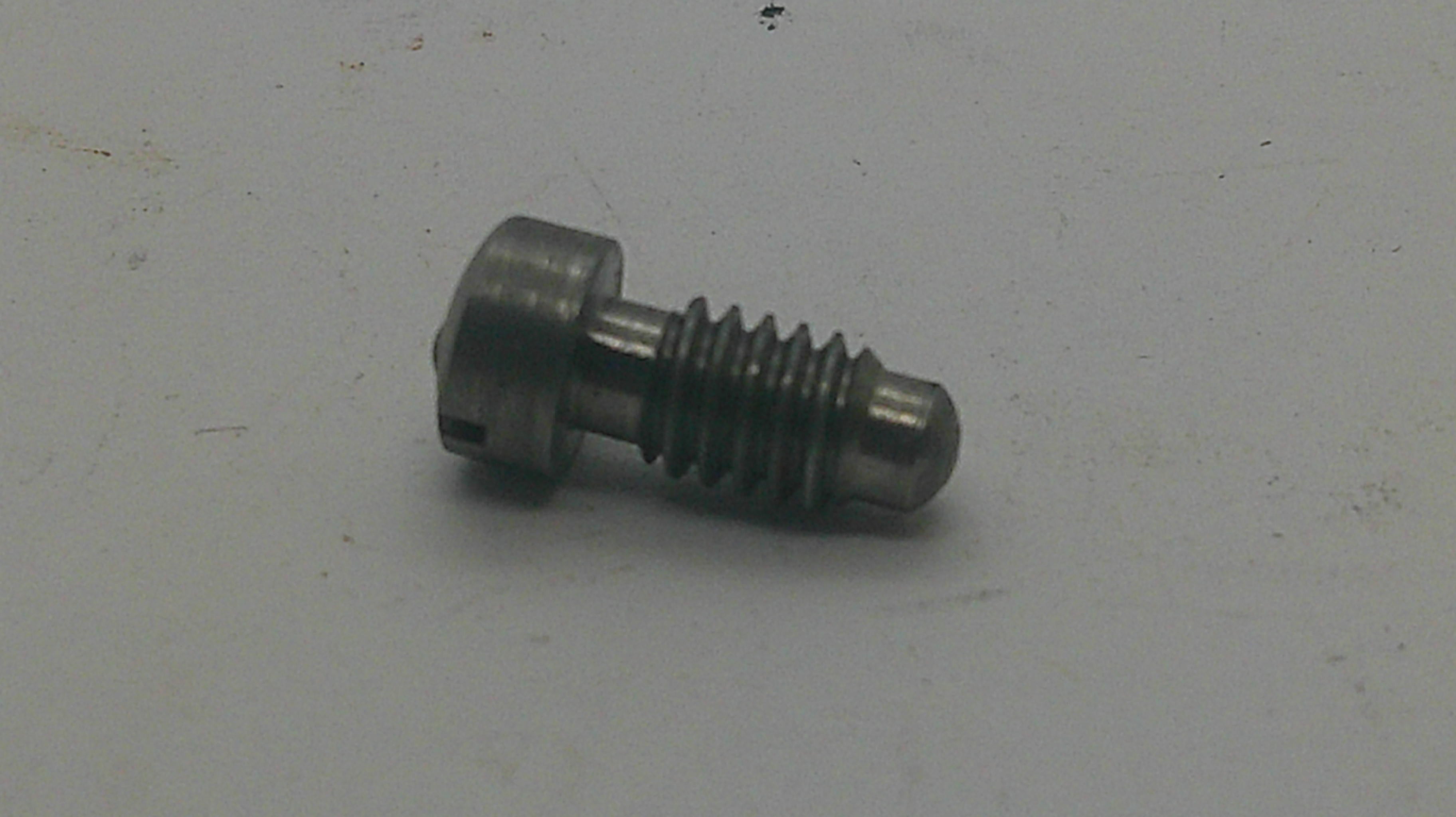 A small metallic threaded screw or pin with a rounded head, shown on a plain light gray surface.