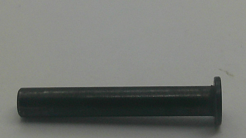A small dark metal cylindrical pin or bolt with a flat head, shown horizontally on a plain light gray background.