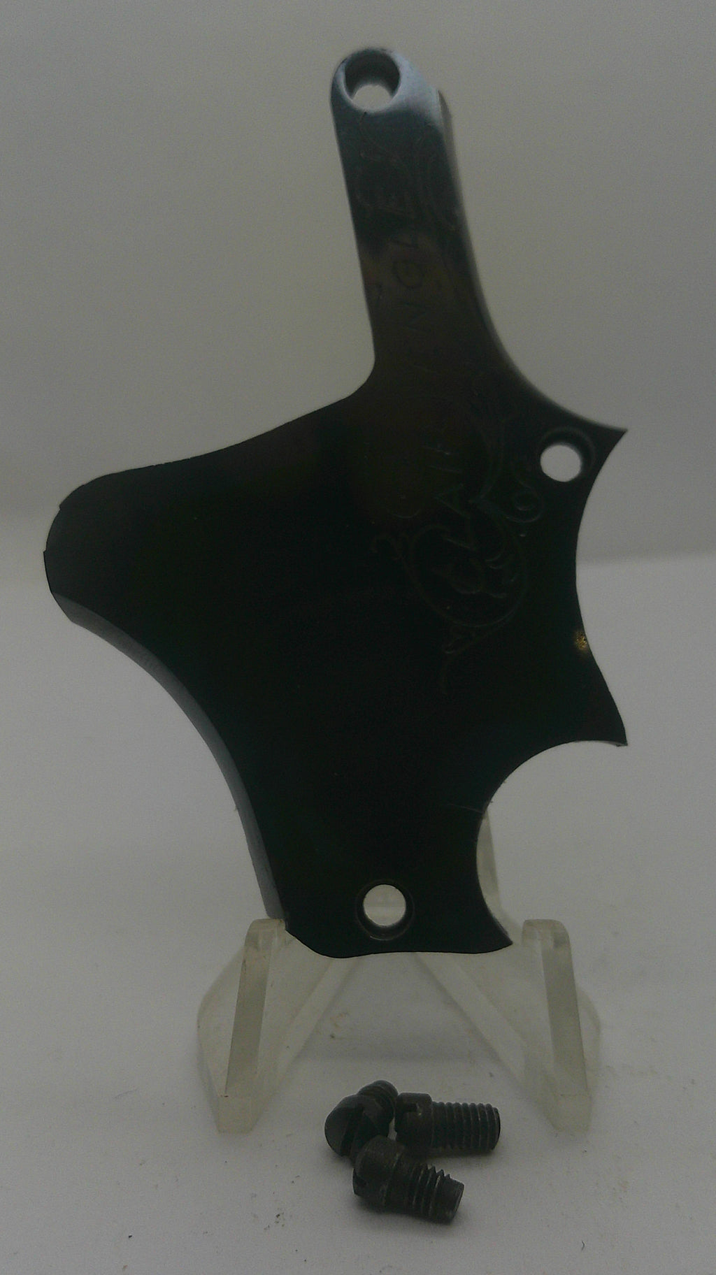 A black metal handlebar clamp or mounting piece with two mounting holes, shown with two small dark screws on a white background.