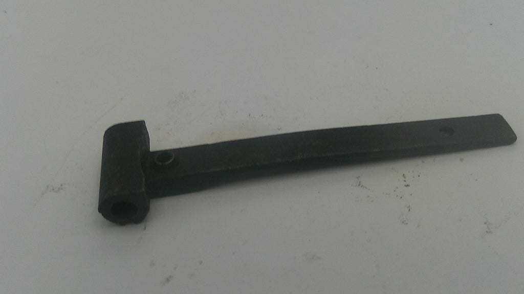 A black metal garden or lawn mower blade attachment with a mounting bolt, shown on a plain off-white background.