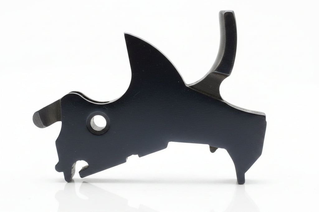 A black metal mechanical part, possibly a bracket or hardware component, shown against a plain white background.