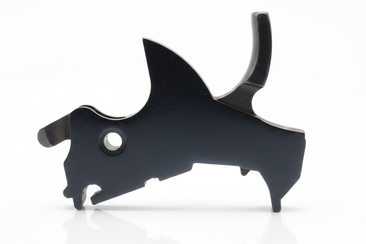 A black metal mechanical part, possibly a bracket or hardware component, shown against a plain white background.