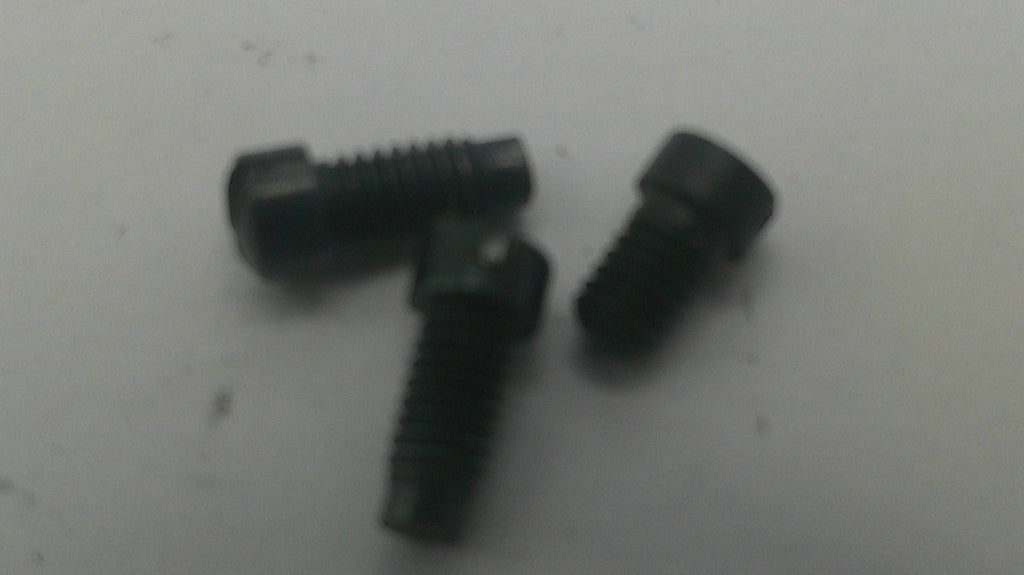 Three small black metal hex head screws with threaded shanks, photographed on a plain light background.