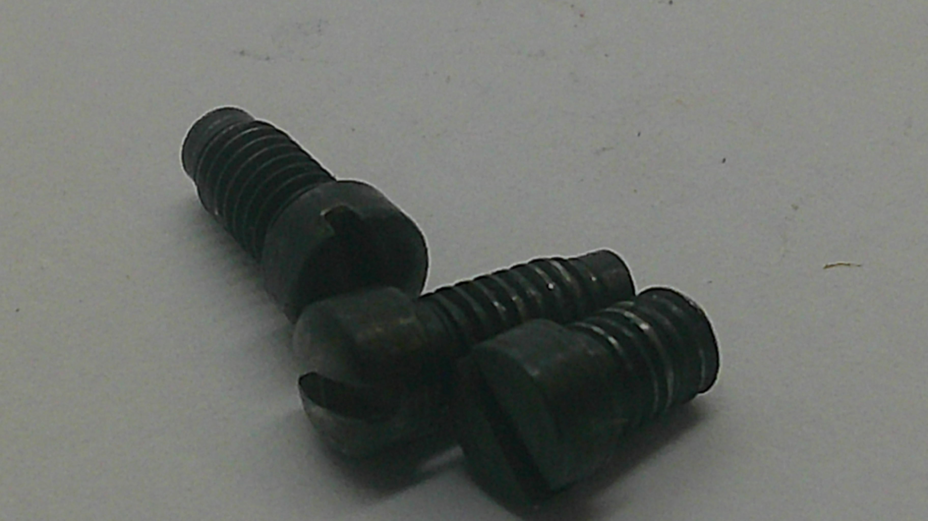 Three black slotted wood screws with threaded shanks, arranged on a plain light gray surface.