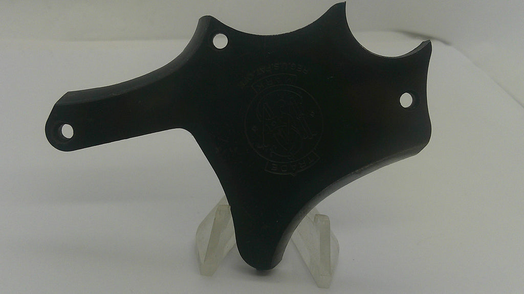 A black plastic motorcycle windshield wiper arm cover or guard, displayed on a clear plastic stand against a white background.