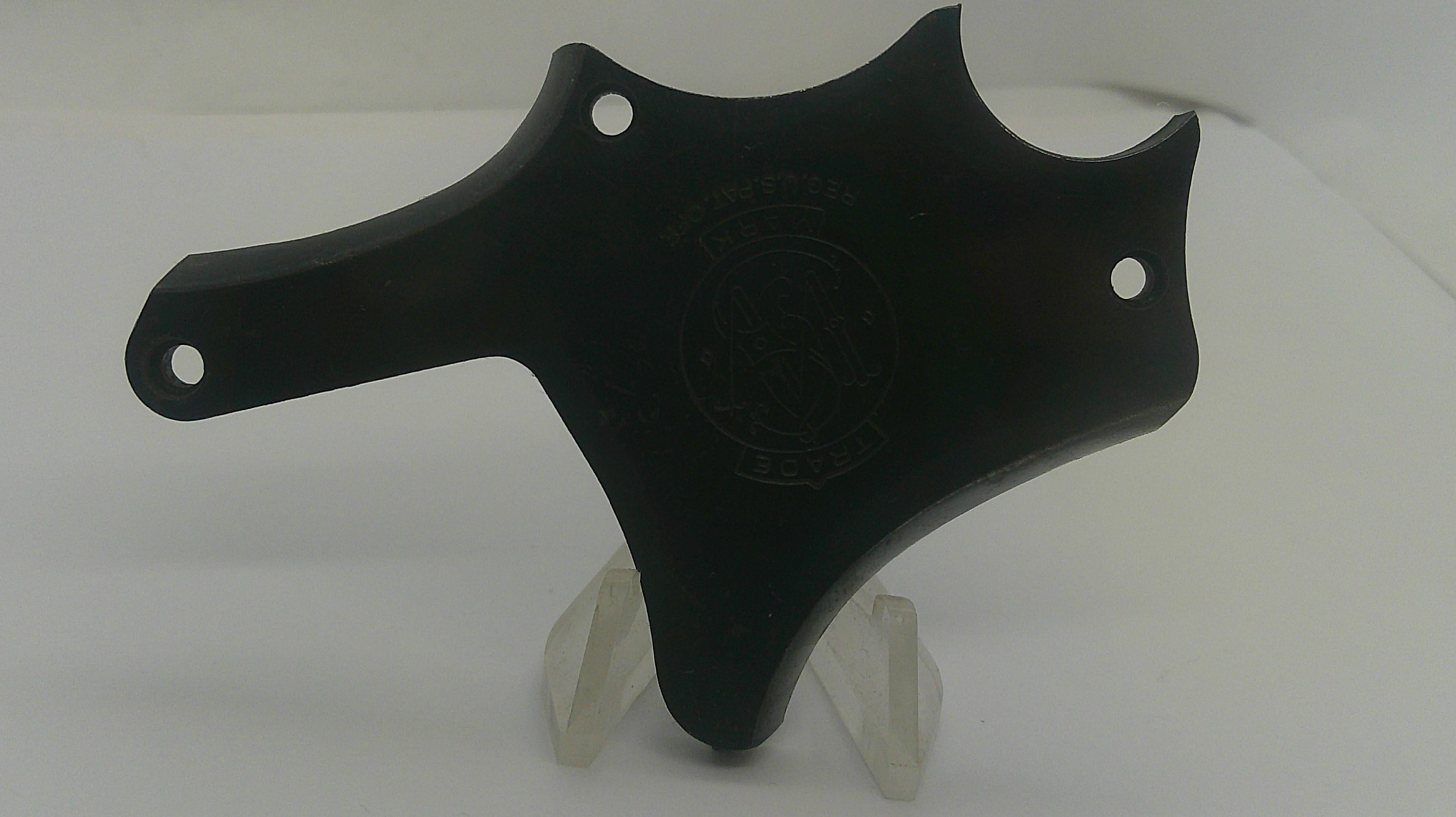 A black plastic motorcycle windshield wiper arm cover or guard, displayed on a clear plastic stand against a white background.