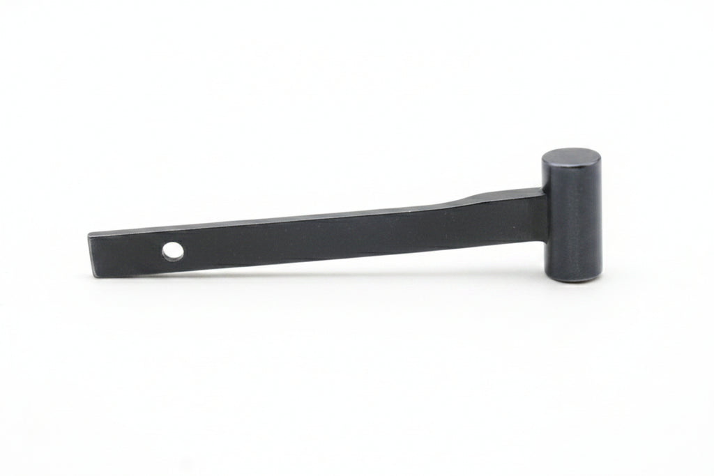 A black metal hinge or bracket with a cylindrical end, shown on a plain light background.