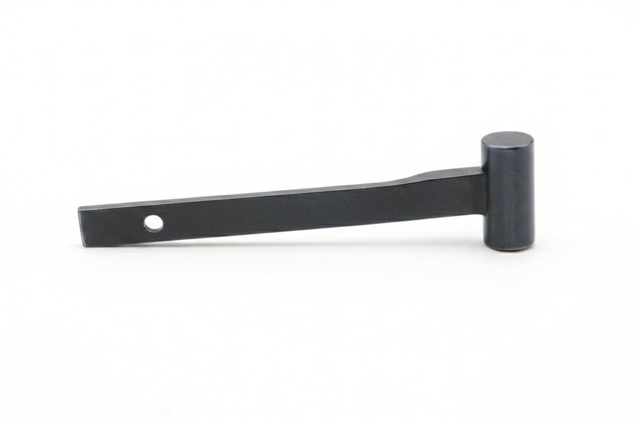 A black metal hinge or bracket with a cylindrical end, shown on a plain light background.