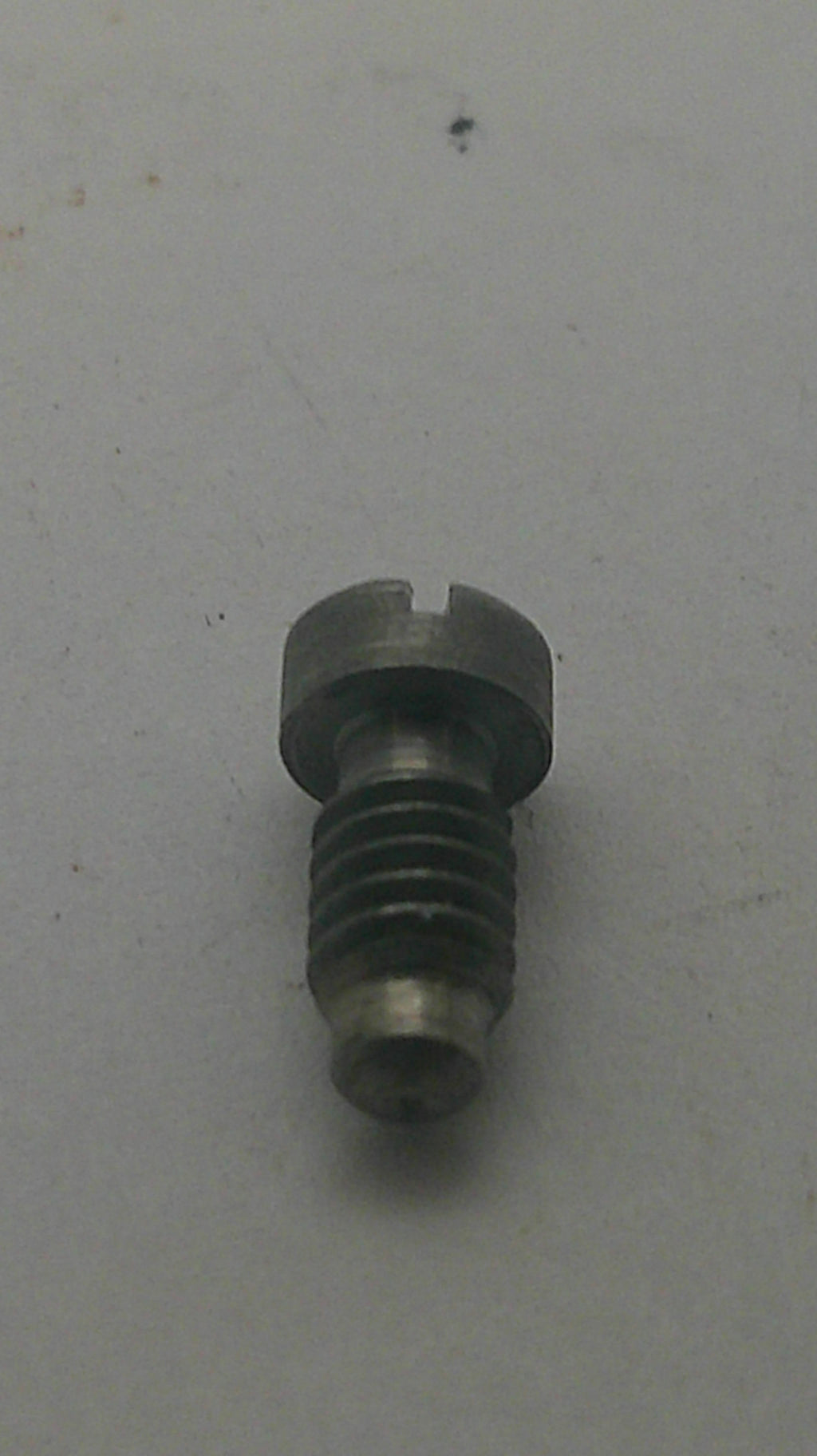 A small metal threaded screw or fastener with a slotted head, shown on a plain light gray surface.