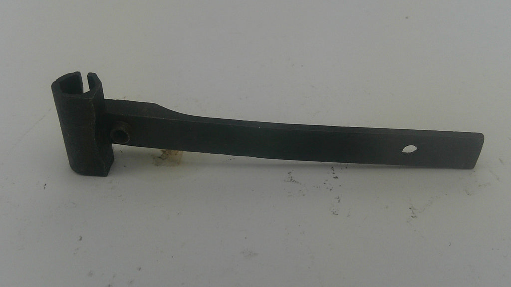 A black metal hinge or bracket with a long flat arm and a mounting clip, photographed on a plain light background.