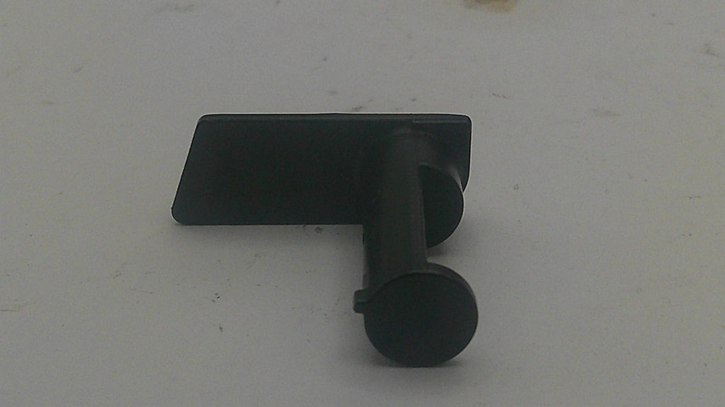 A black metal wall hook with a flat rectangular backplate and a cylindrical sleeve, shown on a plain light gray surface.