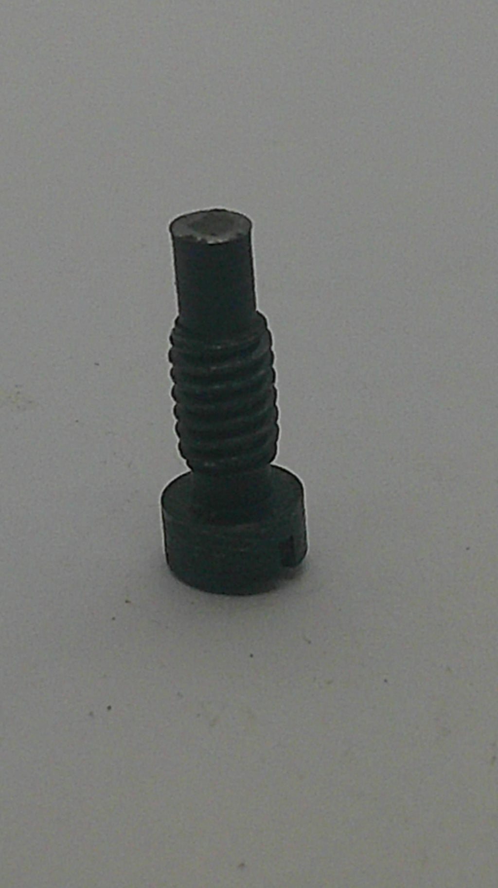 A small black metal threaded screw with a hex head, shown on a plain light gray background.
