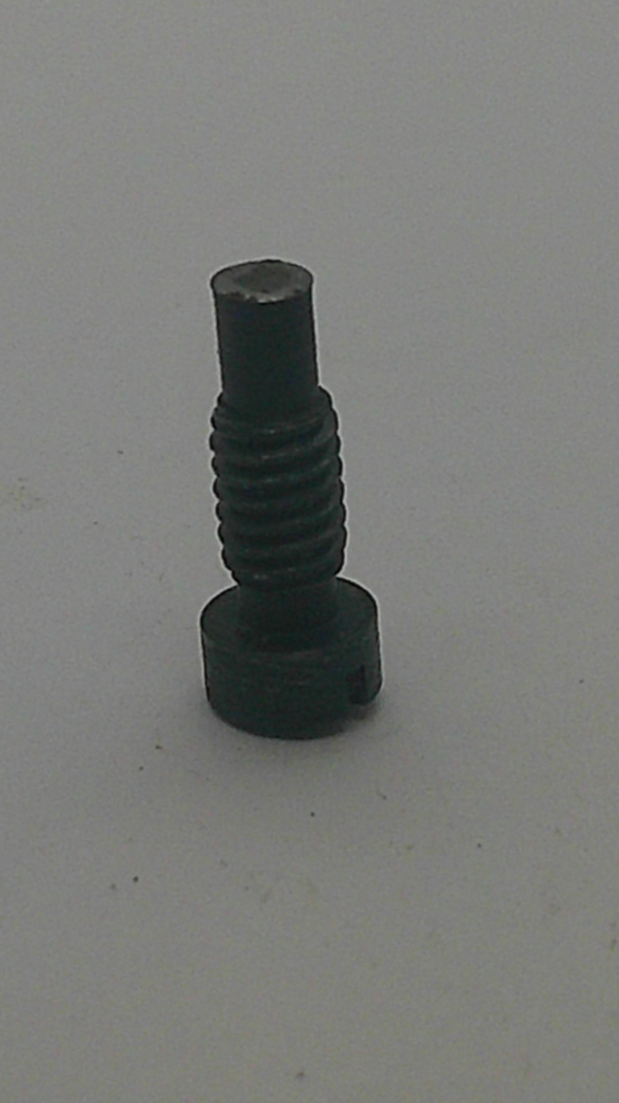 A small black metal threaded screw with a hex head, shown on a plain light gray background.