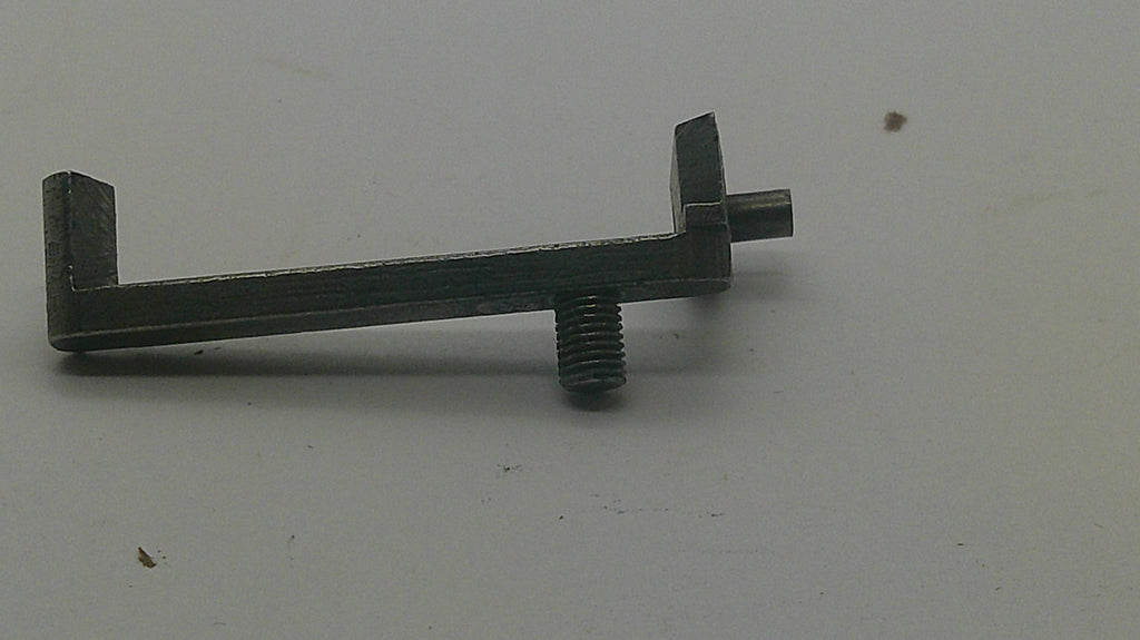 A small dark metal hardware component with a threaded screw and a flat arm, photographed on a plain light background.