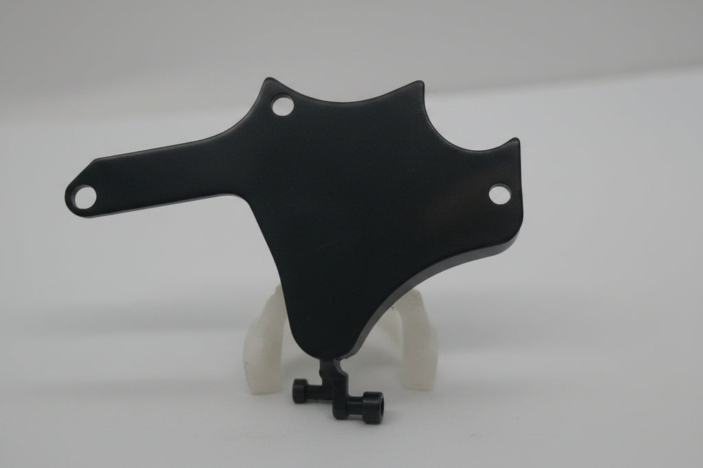 A black metal mounting bracket or hardware piece with pre-drilled holes, shown on a plain light gray background.