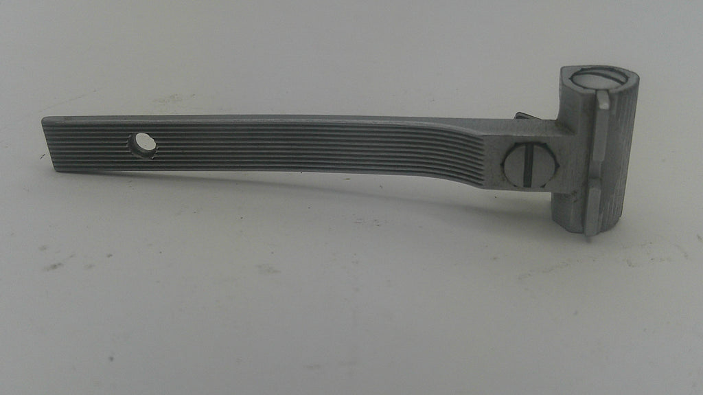A dark gray metal door handle lever with a ribbed grip and a mounting bracket, shown on a plain light gray background.