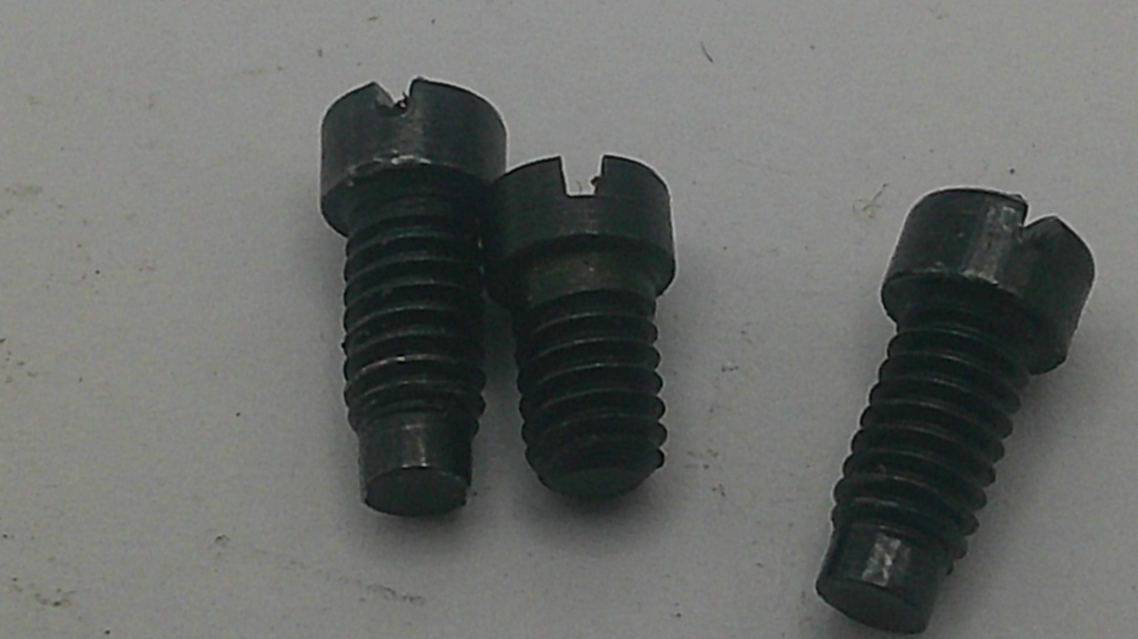 Three black metal slotted screws with threaded shafts, shown on a plain light gray surface.