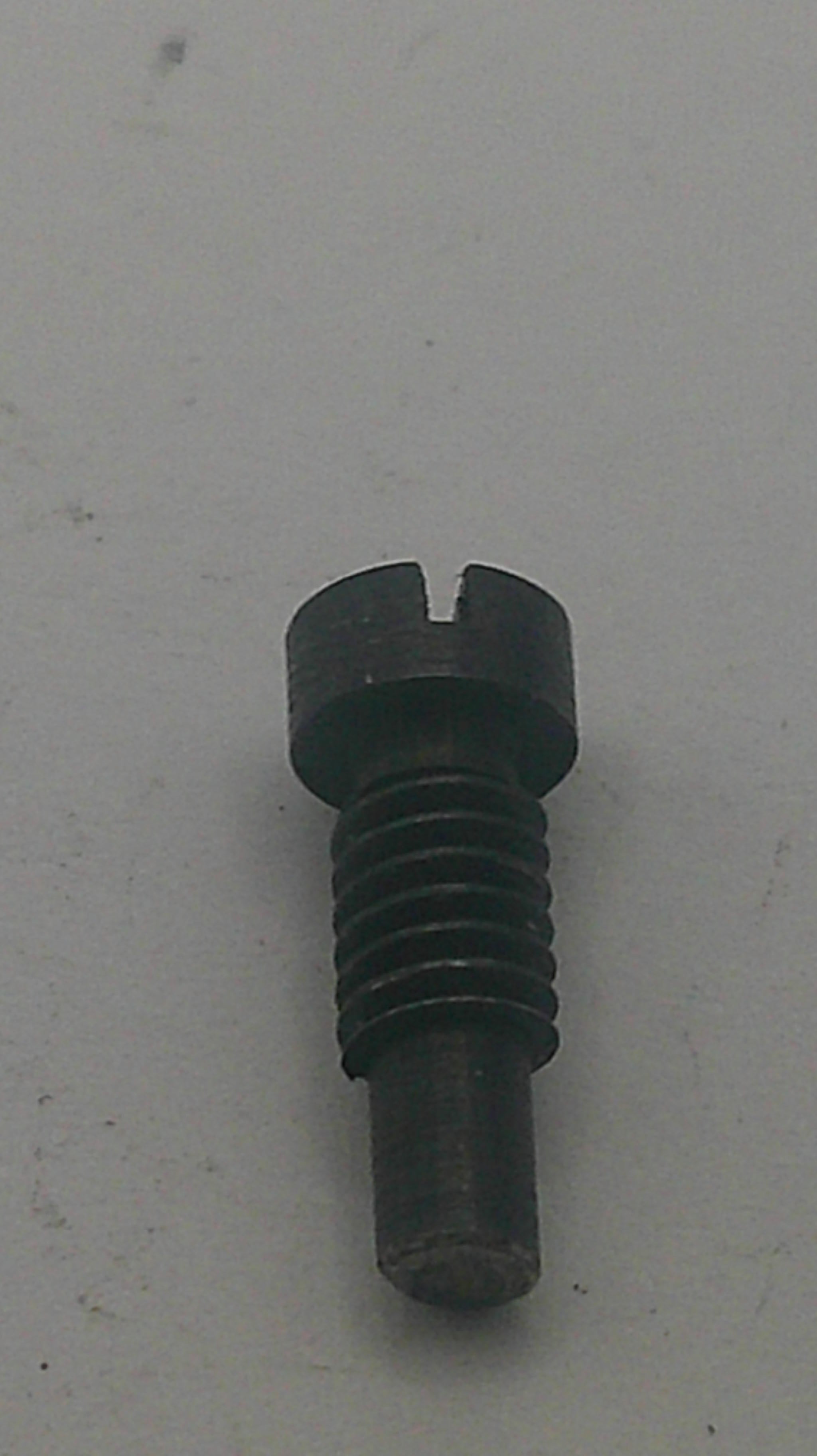 A small black metal threaded screw or fastener with a split head, shown on a plain light gray surface.