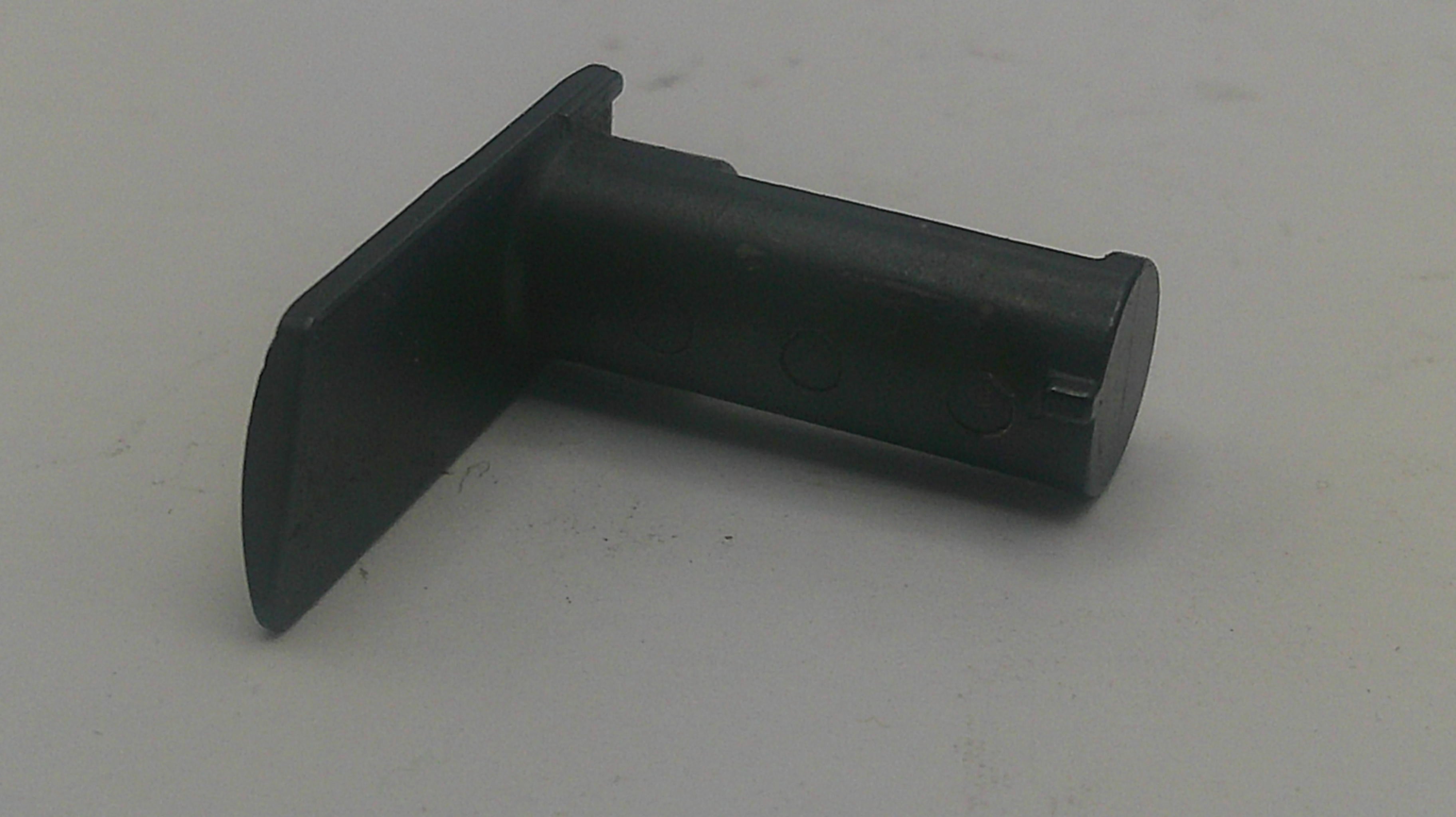 A small black plastic L-shaped clip or fastener component on a light gray background.