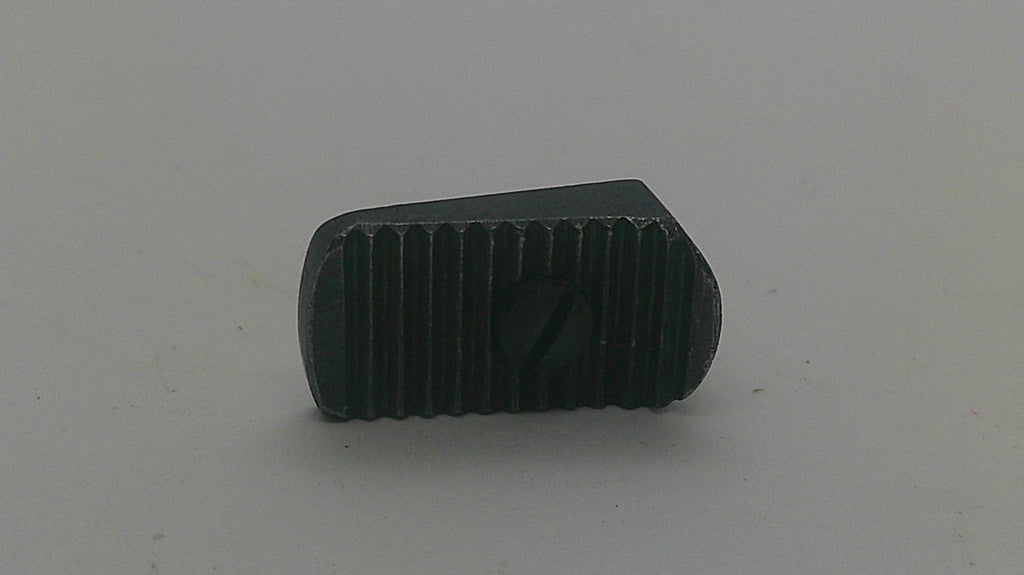 A small black metal threaded component with a slotted center hole, photographed on a plain light gray background.