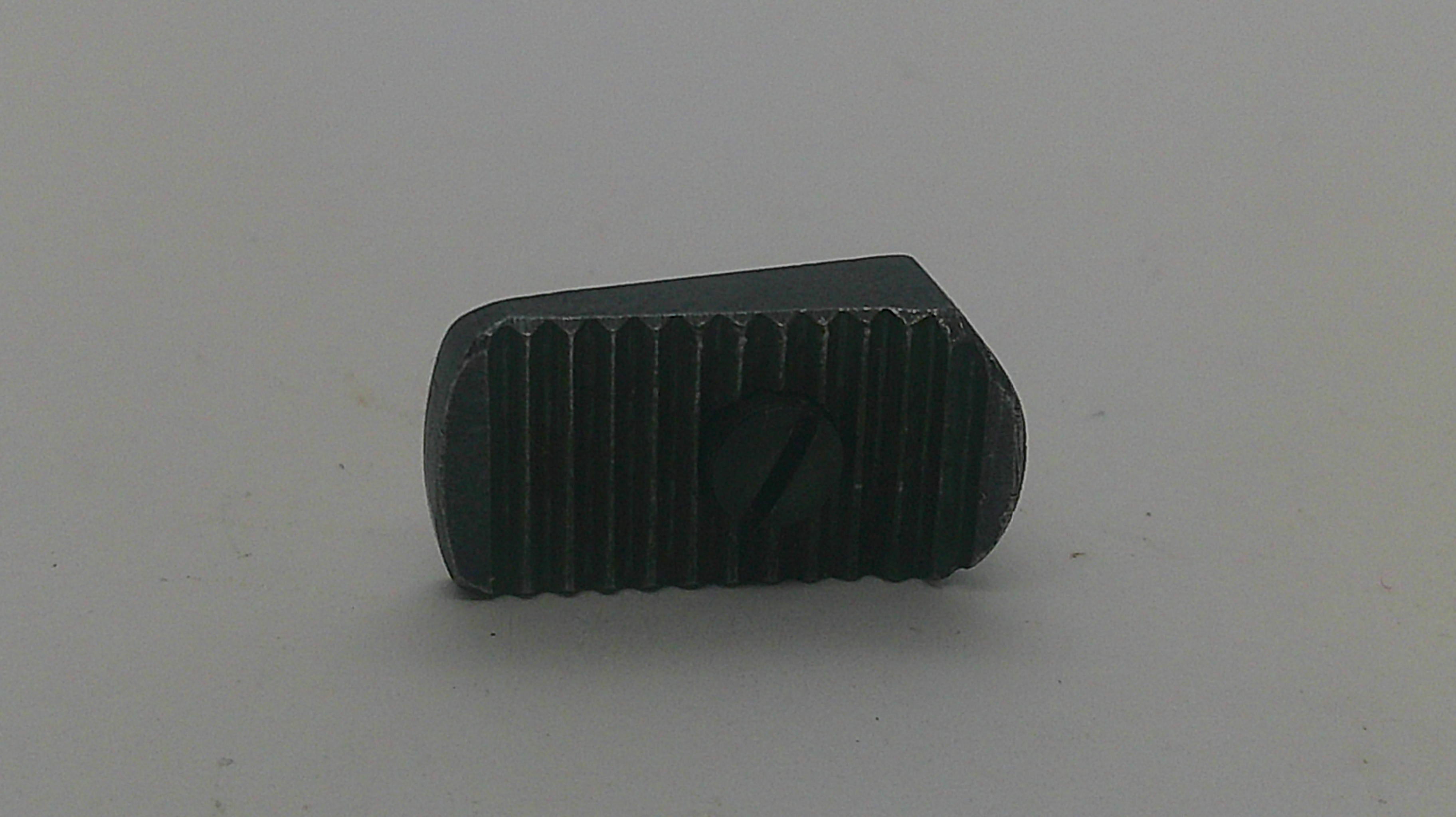 A small black metal threaded component with a slotted center hole, photographed on a plain light gray background.