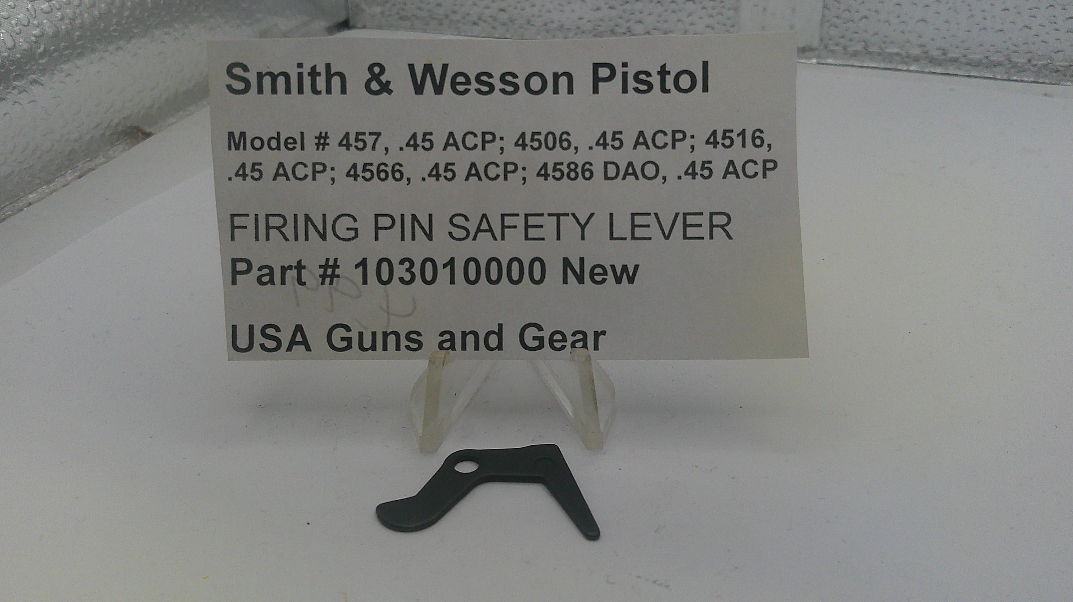 Smith & Wesson pistol firing pin safety lever with label on a white background