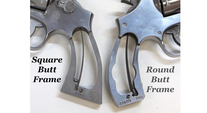 Two gun frames labeled 'Square Butt Frame' and 'Round Butt Frame' on a white background.